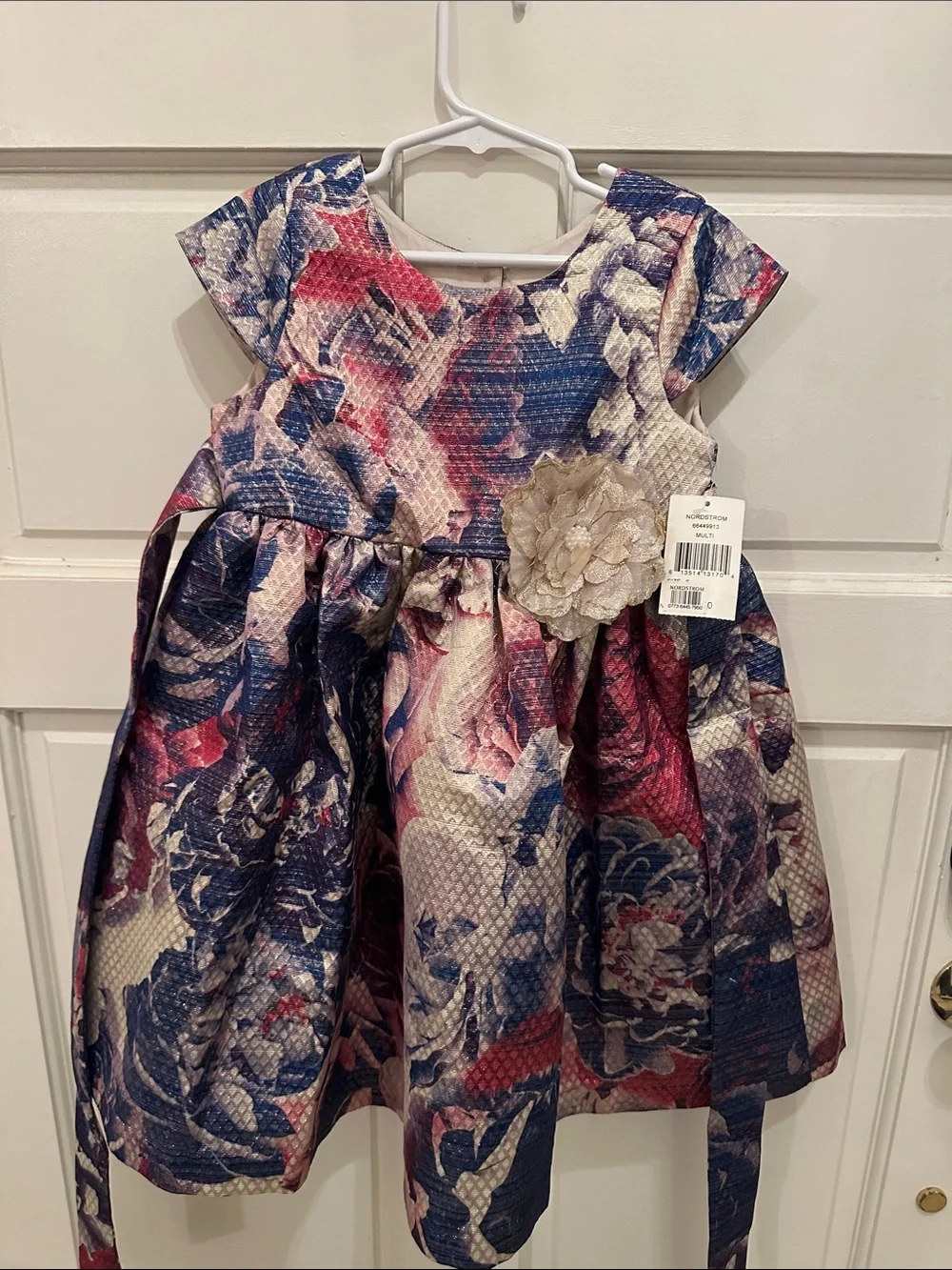 Pippa & Julie Navy and Pink Floral Ballgown with Flower Brooch